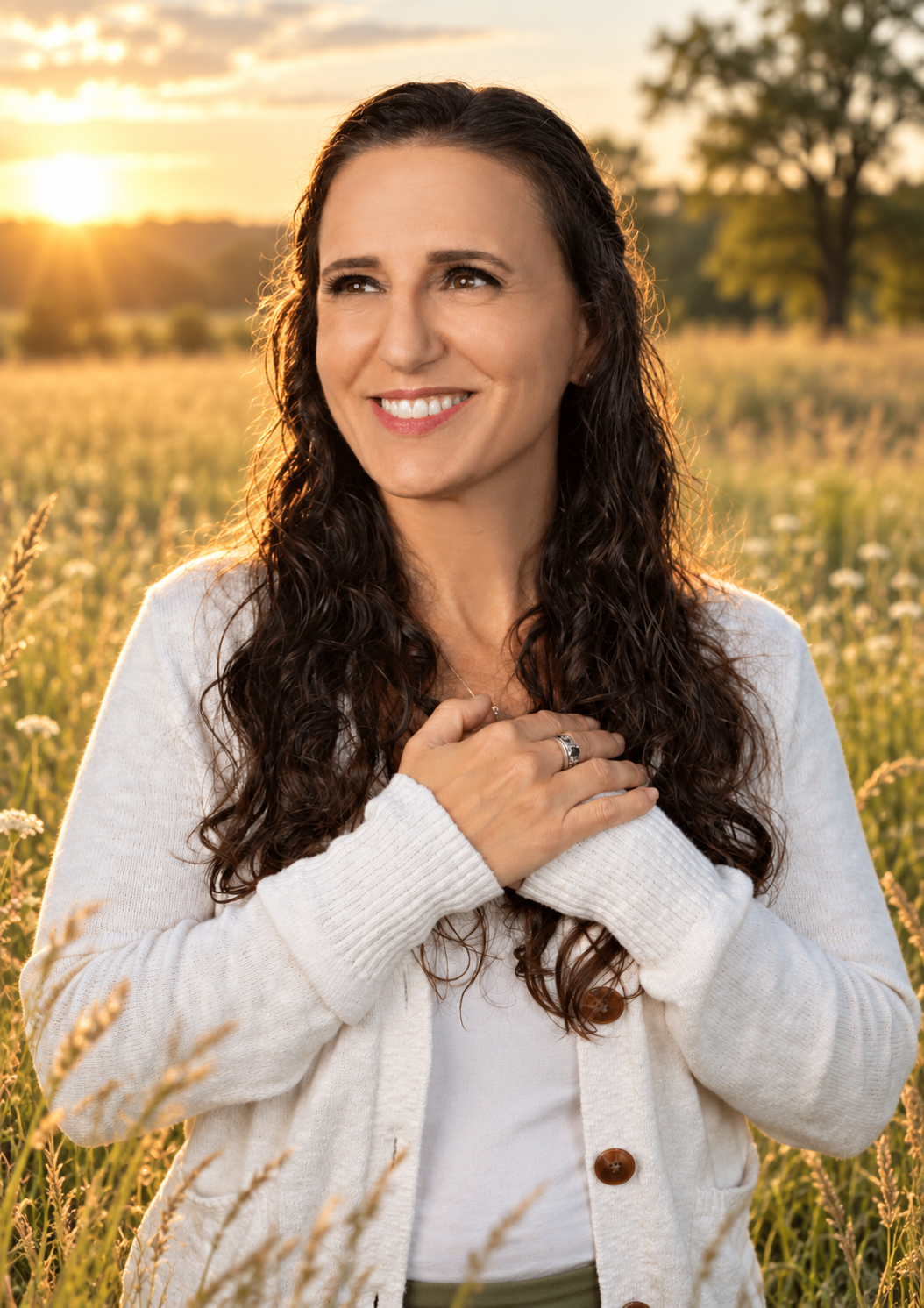 Kelly Calkins, Board Certified Holistic Nutritionist, standing in a sunlit field